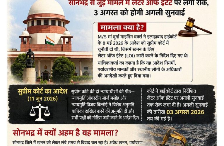 सोनभद्र खनन टेंडर मामले में सुप्रीम कोर्ट ने हाईकोर्ट के आदेश पर लगाई रोक, 3 अगस्त को अगली सुनवाई.पूर्वा टाइम्स – समाचार